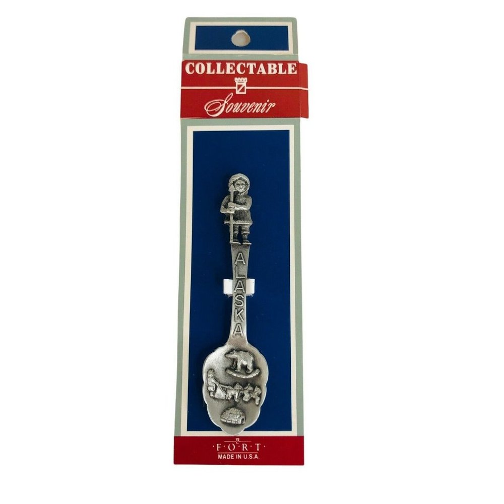 Fort Alaska Souvenir Pewter Spoon Inuit Bear Igloo Sled Dogs Alaskan Collectible